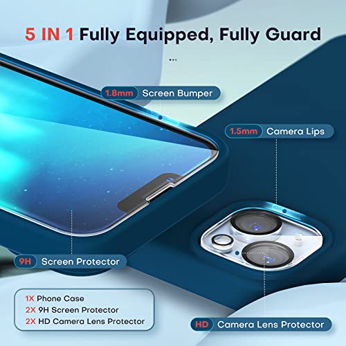 Tocol [5 In 1 For Iphone 14 Case, With 2 Pack Screen Protector + 2 Pack Camera Lens Protector, Slim Liquid Silicone Phone Case 14 6.1 Inch, [Anti-Scratch] [Drop Protection], Midnight Blue #TOP2