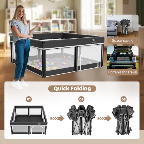 Image of 50x50 Foldable Baby Playpen with Mat - Portable Outdoor Play Yard, Black
