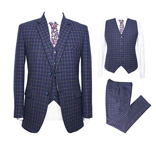 Mens Blue Plaid Tweed Men Suit 3 Pieces Striped Turxedo Two Buttons Single Breasted Blazer Vest Pant