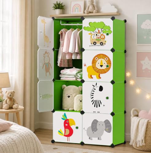 Image of EXVITO 8 Door Kids Plastic Wardrobe for Clothes, Foldable Plastic Almirah for Clothes, Collapsible Wardrobe for Storage, Baby Cupboard for Clothes, Storage Rack for Kids - Green