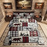 Rustic Cabin Comforter Set Queen Woodland Wolf Deer Bear Comforter For Kids Adults,Red Black Buffalo Plaid Bedding Set Wildlife Camping Lodge Mountain Quilt Bedding Southwestern Farmhouse Decor