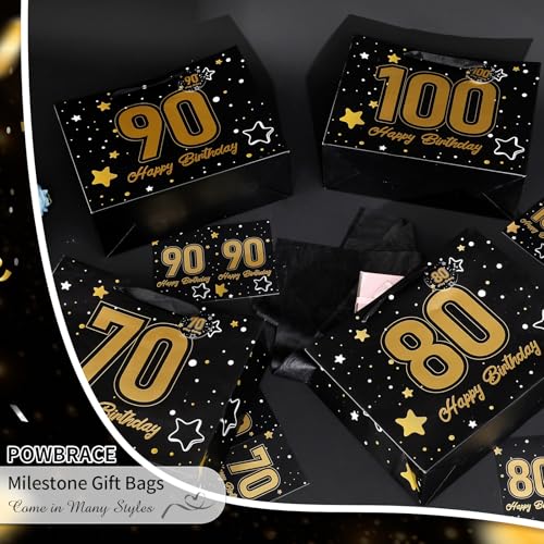 Image of Powbrace 13 inch Black 100th Birthday Gift Bag with Tissue Paper and Greeting Card for Party,Happy Birthday Gift Bag for Men Women,Gift Bags Medium size(1 Black 100th)