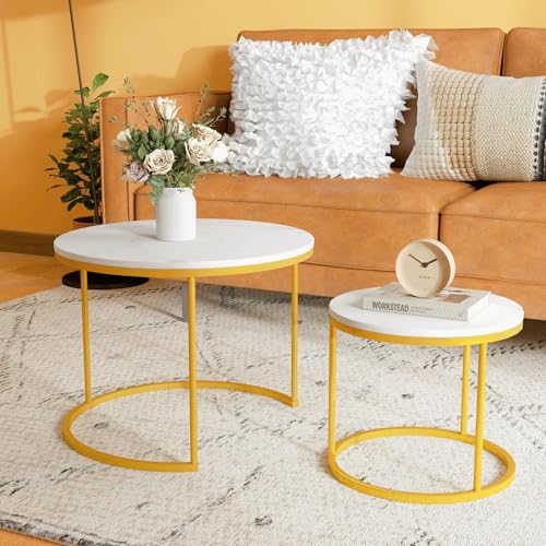 Round Nesting Coffee Tables Set: White Gold Marble Nesting Coffee Table Set of 2 - Modern Metal...