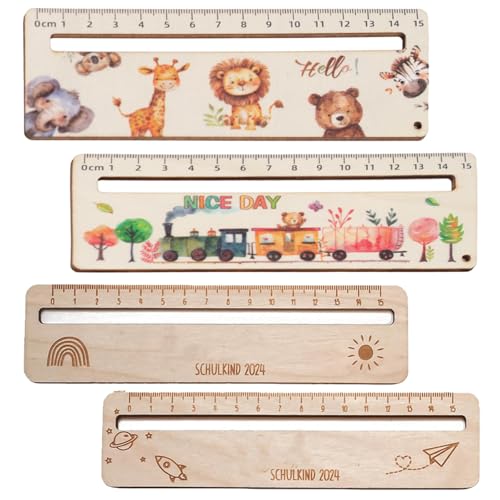 RobLuX 4 Stück Lesehilfe Kinder 1 Klasse,Lineal mit Lesehilfe Personalisiert Holz Lesezeichen für Kinder Geeignet Als Lernhilfe für 1 Klasse,Geschenk zum Schulbeginn