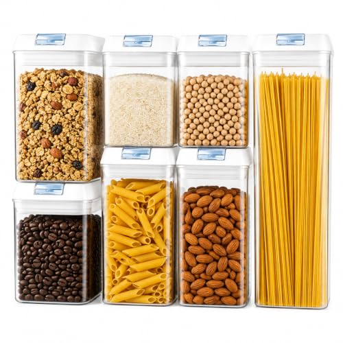 Clear Airtight Food Storage Containers, 7-Piece Set | BPA-free plastic kitchen pantry organization canisters. Stackable design ideal for cereal, spaghetti, and pasta storage.