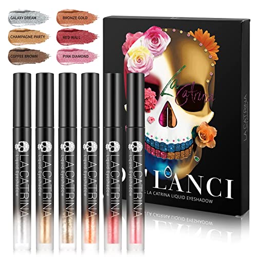 La Catrina De'lanci Liquid Glitter Eyeshadow,6 Colors Glitter Eyeshadow Liquid Set, Metallic High Pigmented Cosmetics Liquid Sparkle Eyeshadow Liquid Eye Makeup Christmas #TOP1