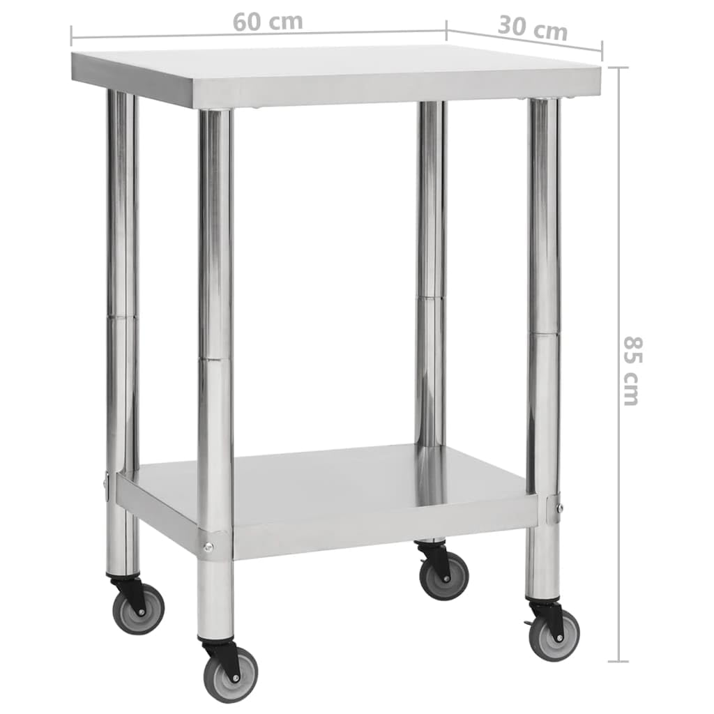 vidaXL Table de Travail de Cuisine avec Roues Plan de Travail Gastronomique Espace Commercial Restaurant 60x30x85 cm Acier Inoxydable