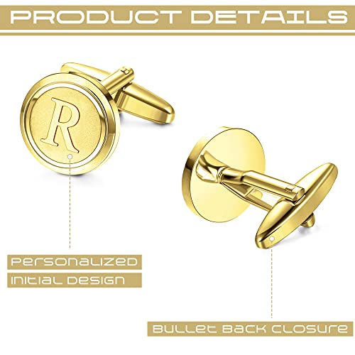 LOYALLOOK Initial Gold Cufflinks for Men Gold Cuff Links Personalized Copper CuffLinks Letter Cufflinks Gift for Groom Husband Father Initial R