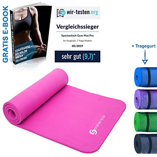 Sportastisch Top Materialu00b9 Gymnastikmatte Yogamatte Gym Mat Pro mit Tragegurt & E-Book, rutschfeste Fitnessmatte Sportmatte, Extra Dicke Trainingsmatte mit bis zu 3 Jahre Garantieu00b2 (Pink)
