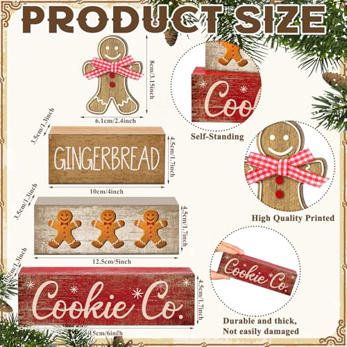 Image of Moucuny 4 Pcs Christmas Table Decor Gingerbread Man Decoration Christmas Centerpiece Winter Tiered Tray Decor Rustic Gingerbread Block Signs Gift Winter Table Decoration for Xmas Party Kitchen Home