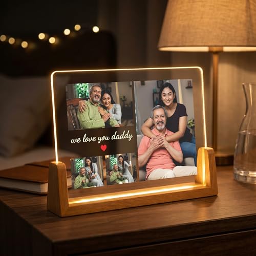 Image of Giftplease Personalized Photo Frame for Dad with Wooden LED Base | Customized Acrylic Photo Frame with Warm Light | Father's Day Gift for Daddy | Custom Photo Night Light for Bedroom & Home Decor