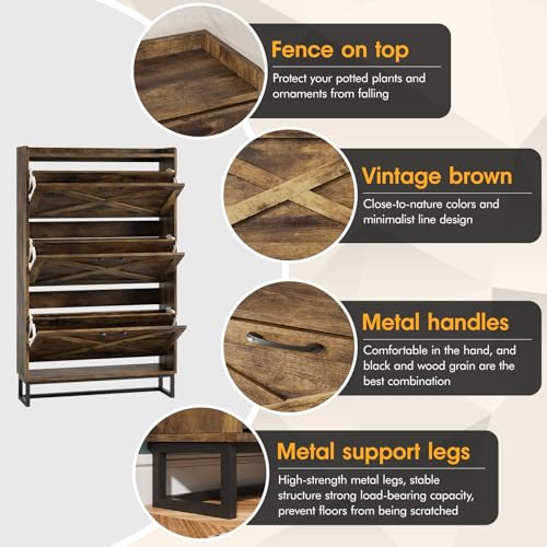 Image of Maupvit Shoe Storage Cabinet with 3 Flip Drawers, Freestanding Organizer with Metal Legs for Entryway, Narrow Shoe Rack Cabinet, Rustic Brown