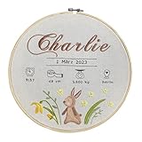 Personalisierte Babygeschenke und Dekorationen für das Babyzimmer. Stickerei von Namen in Reifen für Neugeborene. Das perfekte Geschenk