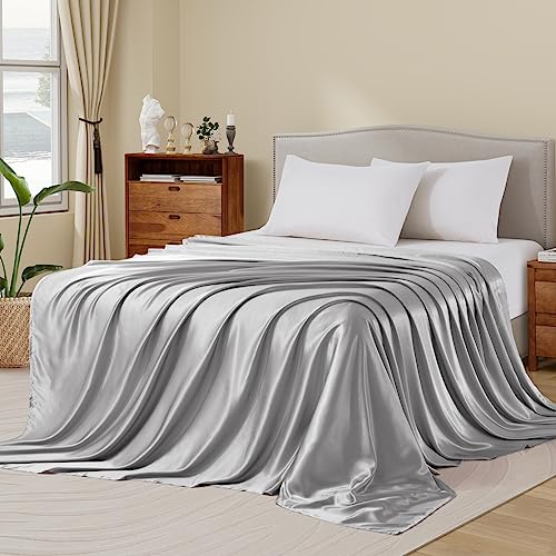 Image of Ersmak Satin Flat Sheet Only, Single Flat Sheet King, Luxury & Ultra Soft Silky Bedding Top Sheet for King Mattress - Grey