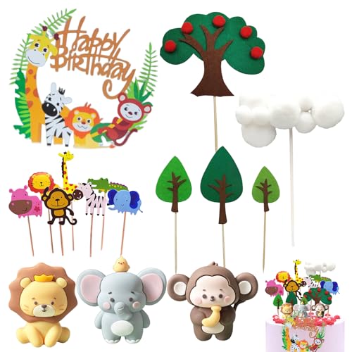 Decoración para Tartas de Cumpleaños Tema Animales del Bosque con Figuras 3D, 11 Piezas, Hecha de Arcilla y Papel, Reutilizable y No Tóxica