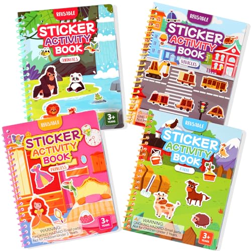 BuyCard Lot de 4 livres d'autocollants réutilisables – Dès 2 3 4 5 ans – Autocollants 3D repositionnables – Livre d'autocollants pour petits et grandes