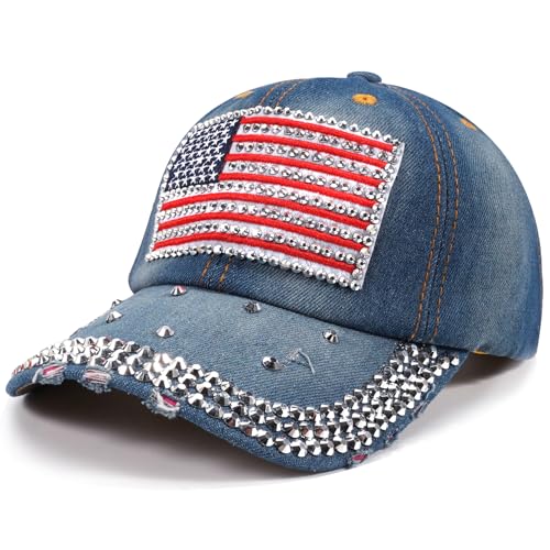 Image of American Flag Caps USA Baseball Caps Bling Sparkle Independence Day 4th of July Hats Adjustable Cotton Stars Stripes Ball Cap
