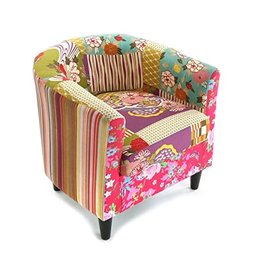 Versa Pink Patchwork Butaca Orejera para Salón, Dormitorio o Comedor. Sillón para Lectura de Diseño Vintage, con Apoyabrazos, Medidas (Al x L x An) 56 x 62 x 64 cm, Algodón y Madera, Color Rosa