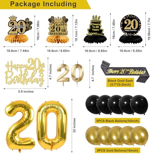 Image of 20th Birthday Decorations for Men, Black Gold 20th Party Decoration Kits | 27pcs Happy 20th Birthday Set, Banner, Honeycomb, Balloons, Gold Number, Candle, Hanging Swirls, Cake Topper, Party Supplies