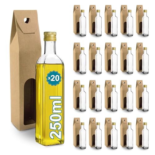 Espirito Rebelde 20 Botellas de Cristal 250ml con Tapón de Rosca Dorado + 20 Cajas - Aceite de Oliva, Vinagre, Alcohol, Salsas - Aceitera de Cristal