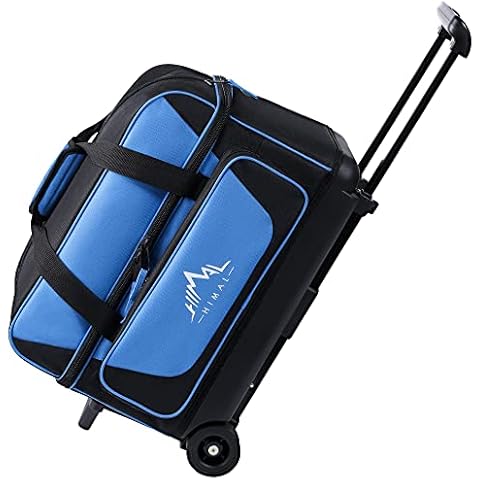 GoHimal Double Roller 2 Ball Bowling Bag with Separate Shoe Compartment for Bowling Shoes (Up To US Mens Size 15) and Oversized Accessory Pocket, Retractable Handle - Extends to 40" (Black-Blue) Cover