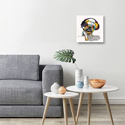 Pug Dog Canvas Wall Art: Handpainted Dog Wall Art Funny Dog Pug Listening Music With Headphones Print For Bedroom Wall Decor Framed Easy To Hang (12"X12"X1 Panel) #TOP3