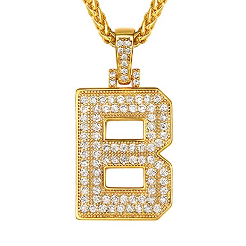 Richsteel Collier Lettre B, Pendentif Initiale Prénom Plaqué Or Lettre B,Bling Brillant Hip Hop Bijoux Alphabet Pendentif en Strass avec Chaîne Or Réglable...