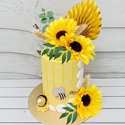 22 Pcs Sunflower Flower Cake Toppers Gold Palm Leaves Eucalyptus Leaves Cake Decorations For Birthday Wedding Baby Shower Sunflower Themed Party Supplies #TOP4