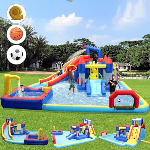 10 in 1 Inflatable Water Slide Bounce House for Kids,19ft L x 17ft W x 8ft H,Blow Up Water Slide for Backyard,Inflatable Pool Slide with Blower,Splash Pool & Water Gun & Climbing Wall & Dual Pools