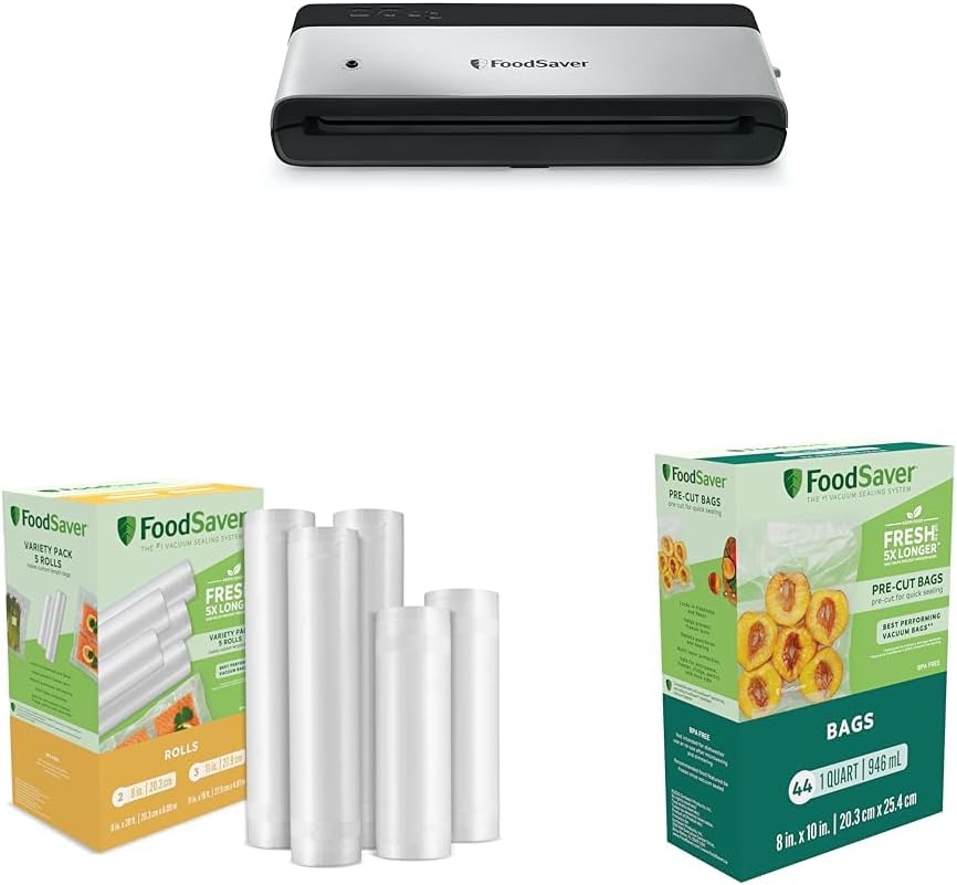 FoodSaver Compact Vacuum Sealer Machine with Sealer Bags and Roll for Airtight Food Storage and Sous Vide, White & Quart Vacuum Seal Bags, BPA-Free for Food Storage and Sous Vide, 120 Count