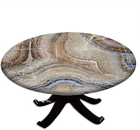 VBTGVE Marble Round Tablecloth with Elastic Edges, Onyx Stone Surface Pattern Pale Blue Details Picture, Printing Design, Fit for 62" Table, Cinnamon Grey