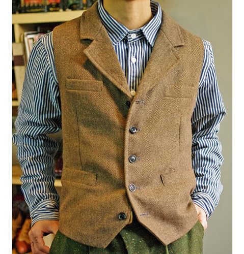 Men's Vest Classic Steampunk Suit Wool Tweed Notch Lapel Waistcoat Thick Tweed Coat For Wedding2
