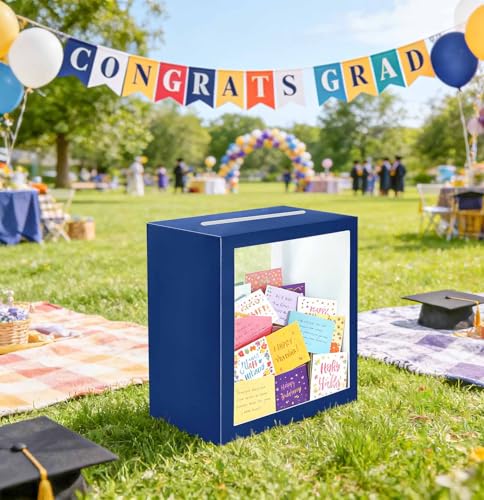 Image of SietDESEO Blue Card Box for Party with Clear Window Large Gift Card Box Holder for Wedding Reception Birthday Graduation Baby Shower Raffle Ticket Box