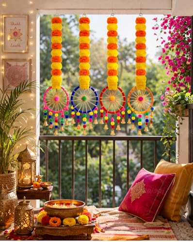 Image of Divyakosh Marigold Flower Hanging Decoration Set of 4 for Festive & Puja Decor | Artificial Marigold Hanging for Backdrop, Wall, Door, Temple & Living Room | 31 Inches