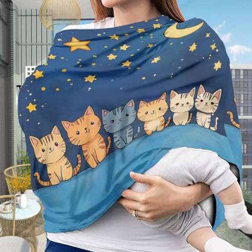 Image of Forchrinse Cartoon Cat Moon Star Nursing Cover Breastfeeding Scarf Soft Car Seat Cover for Babies Girls Infant Carseat Canopy Cat's Lover Multi-Use Cover
