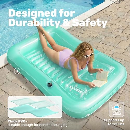 SLOOSH Inflatable Tanning Pool Lounger Float, 70" x 46" Pool Floats Adult with Pillow, 4 in 1 Suntan Tub Raft Floatie,Sunbathing Bed Lounge for Water Blow Up Kids Ball Pit Party Gifts, L-Cyan - 4