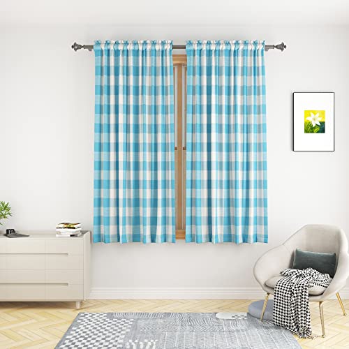 Buffalo Check Window Curtains 54 inches Long Living Room Cotton Curtain Panels Bedroom Plaid Gingham Farmhouse Decor Curtains Rod Pocket Kitchen Bathroom Basement 2 Panels Sky Blue White 52"x54"