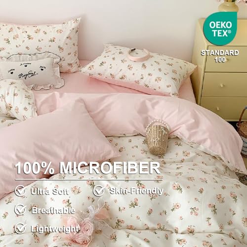 Image of Floral Duvet Cover Set King Size,Pink Floral Flowers Bedding Duvet Cover King with Zipper Closure,Reversible Comforter Duvet Cover and 2 Pillowcases