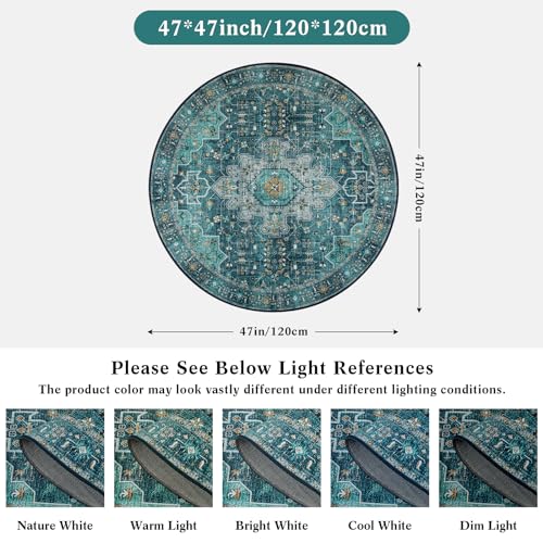 Moynesa Ultra-Thin Washable Round Rug - 4ft Oriental Circle Area Rugs for Bedroom Entryway, Teal Vintage Non Slip Non Shedding Low Pile Carpet for Living Room Coffee Table Kitchen
