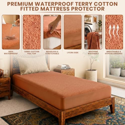 Image of Lithara Terry Cotton Fitted Mattress Protector for Single Bed | Waterproof & Elastic Band | Ultra Soft & Hypoallergenic Mattress Cover | Size : 36 x 75 Inches (3 x 6.25 Feet) | (Gold)