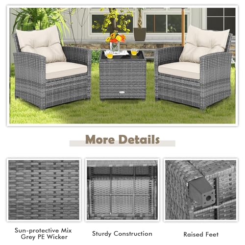 Image of Tangkula 3 Pieces Patio Furniture Set, PE Rattan Wicker 3 Pcs Outdoor Sofa Set w /Washable Cushion and Tempered Glass Tabletop, Conversation Furniture for Garden Poolside Balcony (Mix Grey-White)