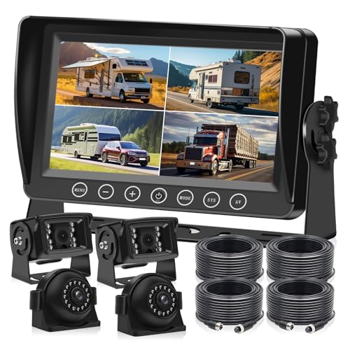 Image of RV Backup Camera System with 9'' IPS 4 Split Monitor with 4 Cameras, Side Front View Camera IR Night Vision Waterproof Backup Camera for RV, Trailer, Bus, Trucks BX94