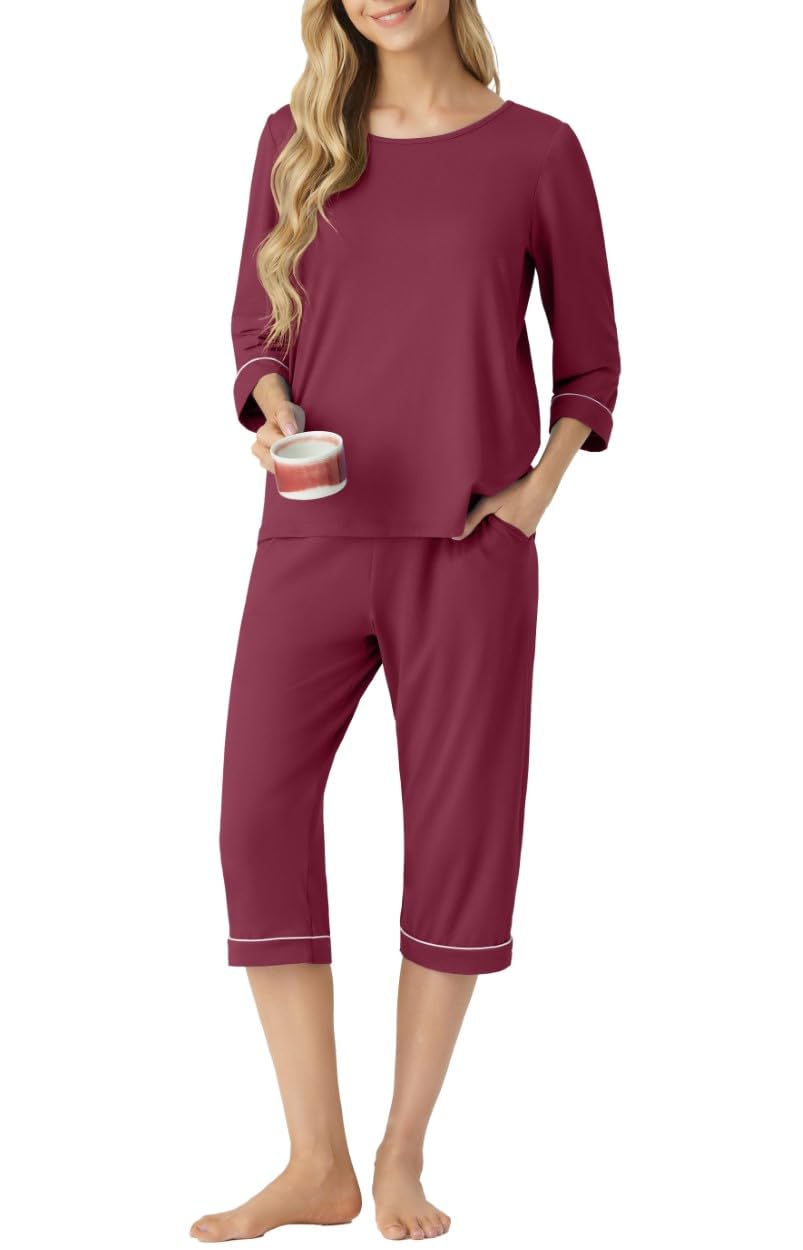 PrinStory Damen Pyjama Set Rundhalsausschnitt 3/4 Ärmel Nachtwäsche Loungewear Set Mit Taschen