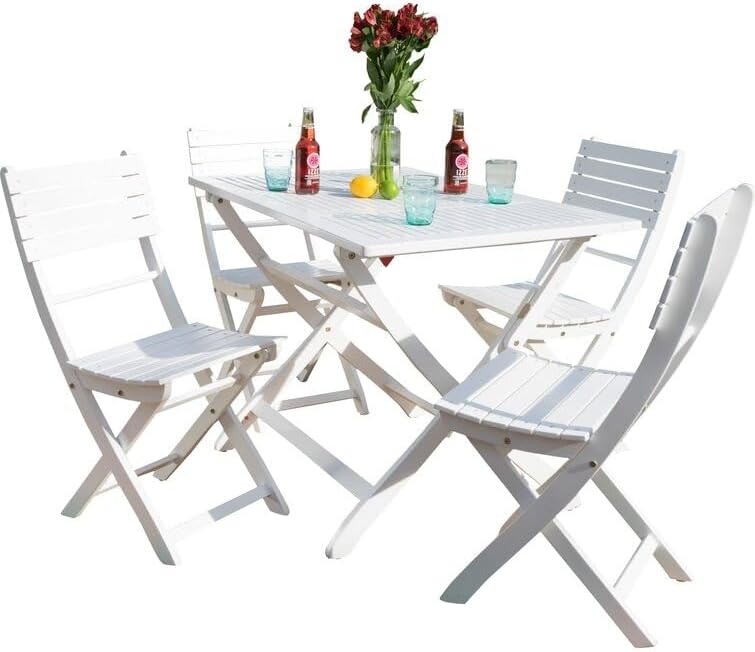 Rectangular 4 - Person Outdoor Dining Set, Piece Foldable Outdoor Patio Dining Set - 4-Chairs and 1 Table - Teak Oil Finish. (White)