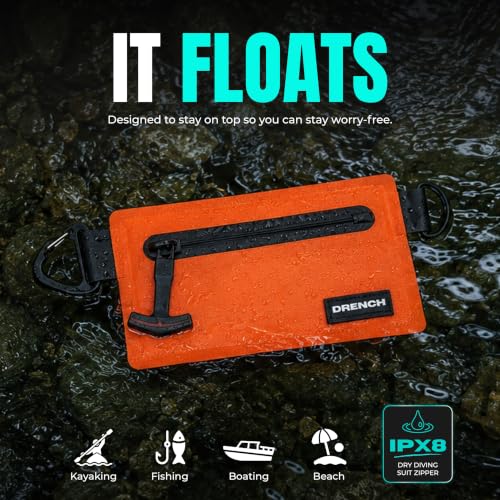 Image of Drench RFID Waterproof Floating Wallet IPX8 Dry Bag for Cards & Cash,Orange | IPX8 waterproof RFID wallet for cards, cash & keys with floating design, adjustable lanyard, belt loop & carabiner