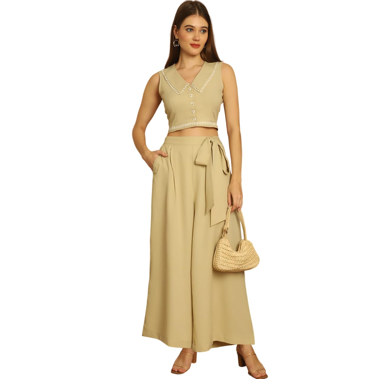 blanc 9 Stylish Womens Polyester Solid Sleeveless Peter Pan Collar Regular Fit Co-ord Set | Lightweight & Breathable Fabric | Top with trouser Set-picture-46
