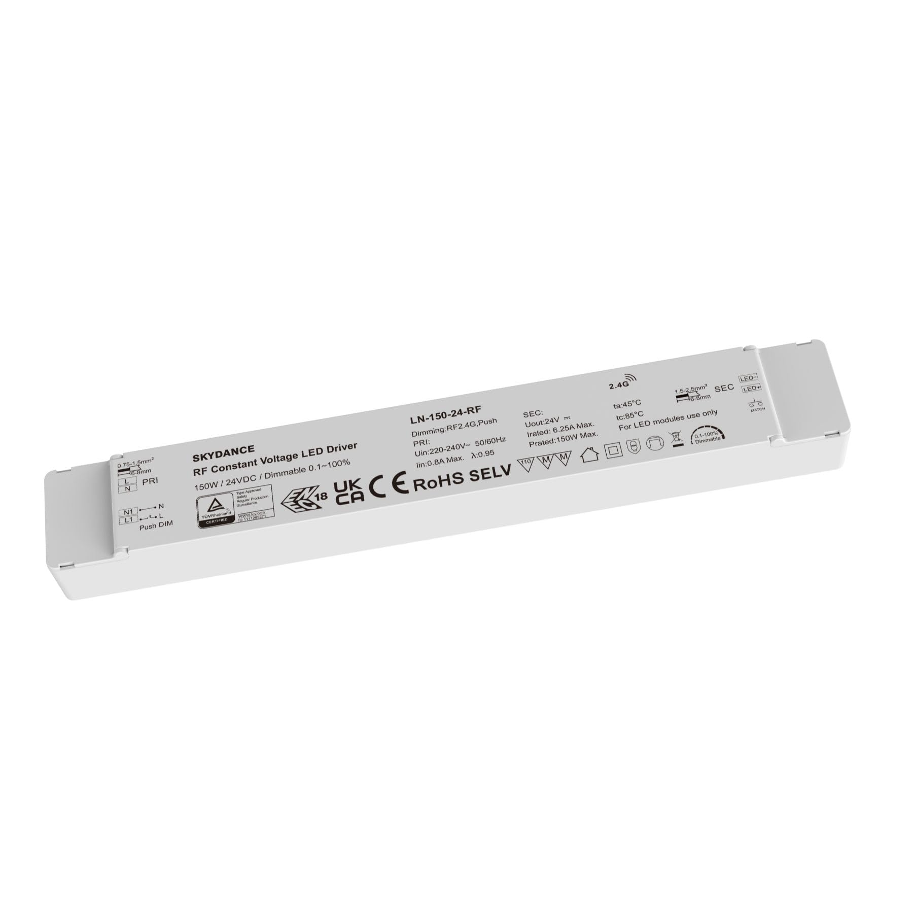 Fuente de alimentación LED 24 V regulable Push 150 W, transformador de tensión constante, ajustable con AC Push/botón y RF 2.4G, compatible con mando a distancia Skydance, regulador 0,1-100%, LN-150