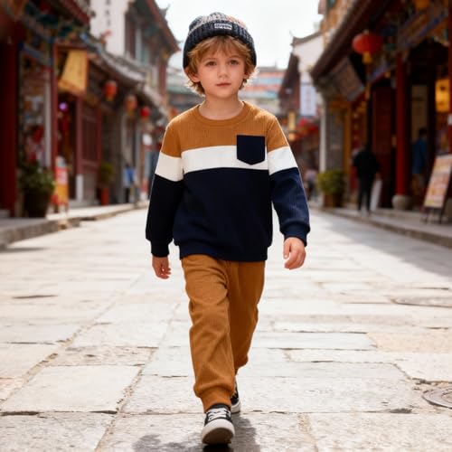 Image of Kid Toddler Boy Clothes Color Block Sweatshirt and Casual Pants 2Pcs Boys Fall Winter Outfits 1-5T