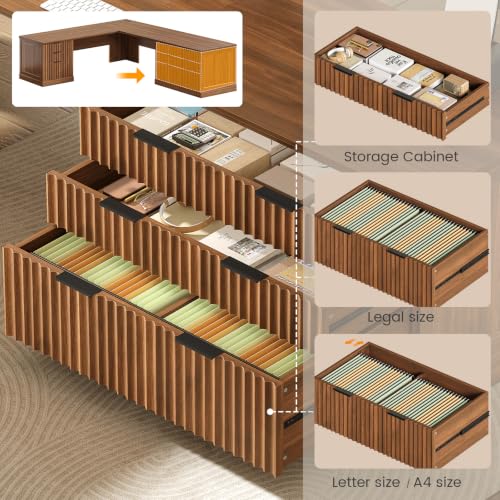 Image of SEDETA Fluted 78.8 inch L Shaped Desk with 6 Drawers, Fluted Brown