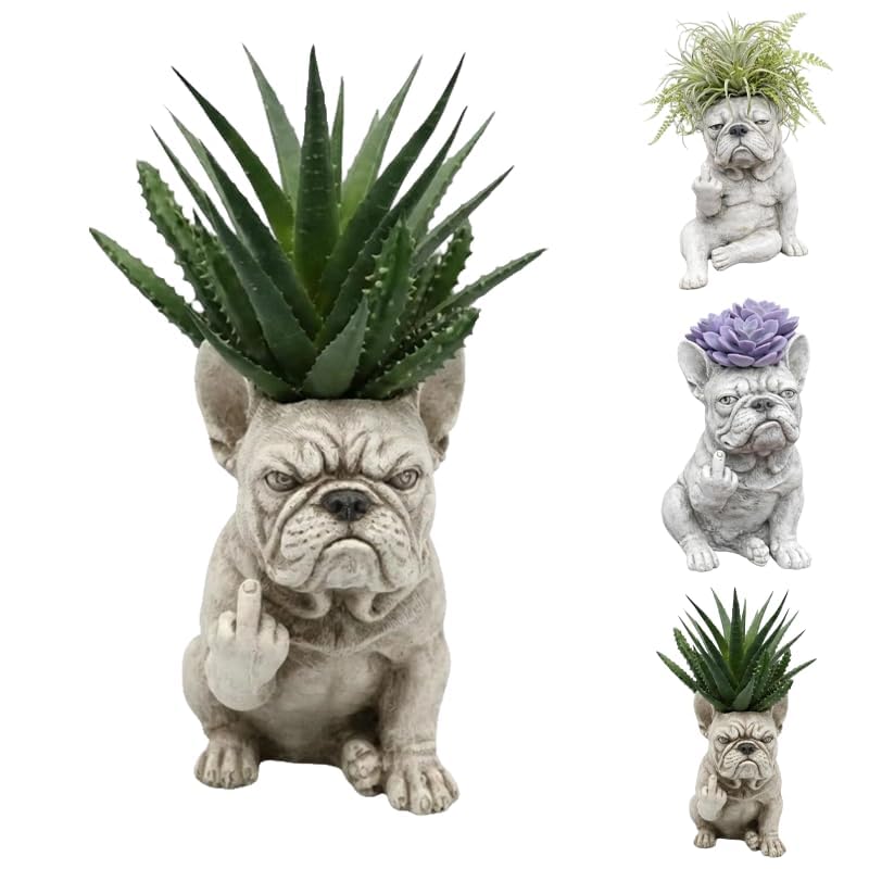 LKHYUKU Funny French Bulldog Planter Pot, Resin Dog Statue Succulent Planter, Middle Finger Gesture Decorative Sculpture for Home Garden Office Desk Decor, Unique Gift for Dog & Plant Lovers，C